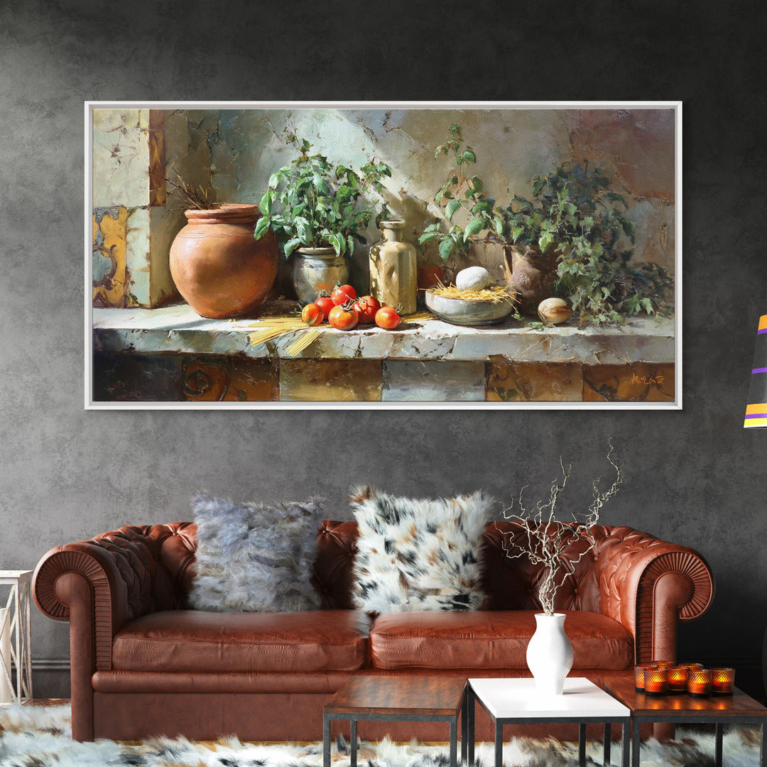 Pasta Herbs and Tomatoes Still Life Framed Canvas Print, Italian Villa Art, Farmhouse Wall Art, Living Room Decor, Villa, IVA-2x1-87