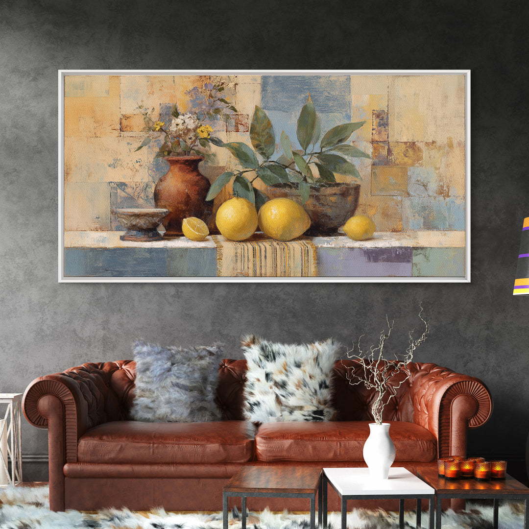 Coastal Lemons and Striped Cloth Arrangement Canvas Print, Italian Villa Art, Bedroom Wall Decor, Living Room Decor, Villa, IVA-2x1-92