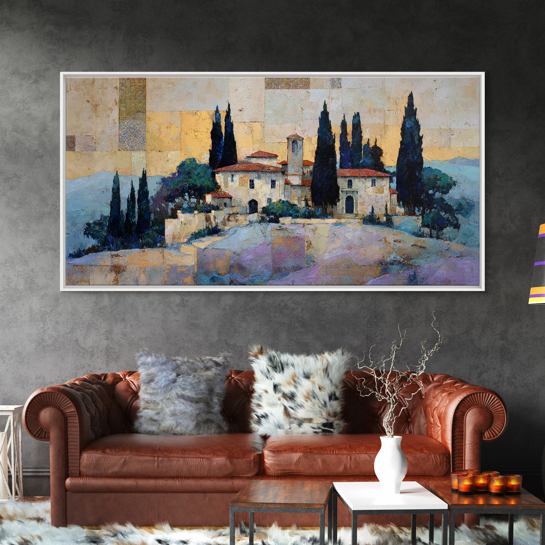 Tuscan Hillside with Cypress Trees and Golden Canvas Print, Italian Villa Art, Minimalist Decor, Living Room Decor, Villa, IVA-2x1-93