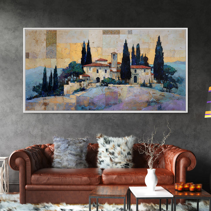 Tuscan Hillside with Cypress Trees and Golden Canvas Print, Italian Villa Art, Minimalist Decor, Living Room Decor, Villa, IVA-2x1-93