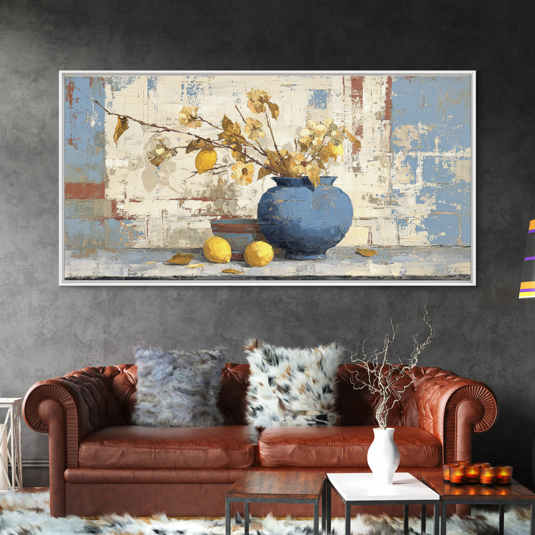 Lemon Branch in Blue Ceramic Vase Canvas Print, Italian Villa Art, Luxury Decor, Living Room Decor, Oil Painting, Villa, IVA-2x1-94