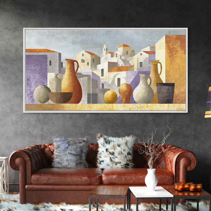 Terracotta Rooftops Against Pale Sky Framed Canvas Print, Italian Villa Art, Colorful Wall Art, Living Room Decor, Oil Painting, IVA-2x1-96