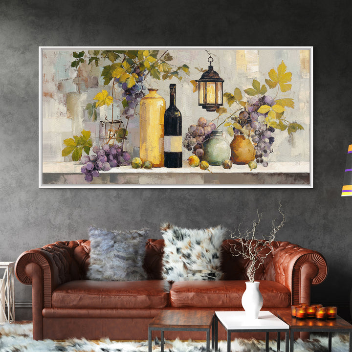 Grapevine and Wine Still Life on Linen Framed Canvas Print, Italian Villa Art, Printable Art, Living Room Decor, Abstract Art, IVA-2x1-99