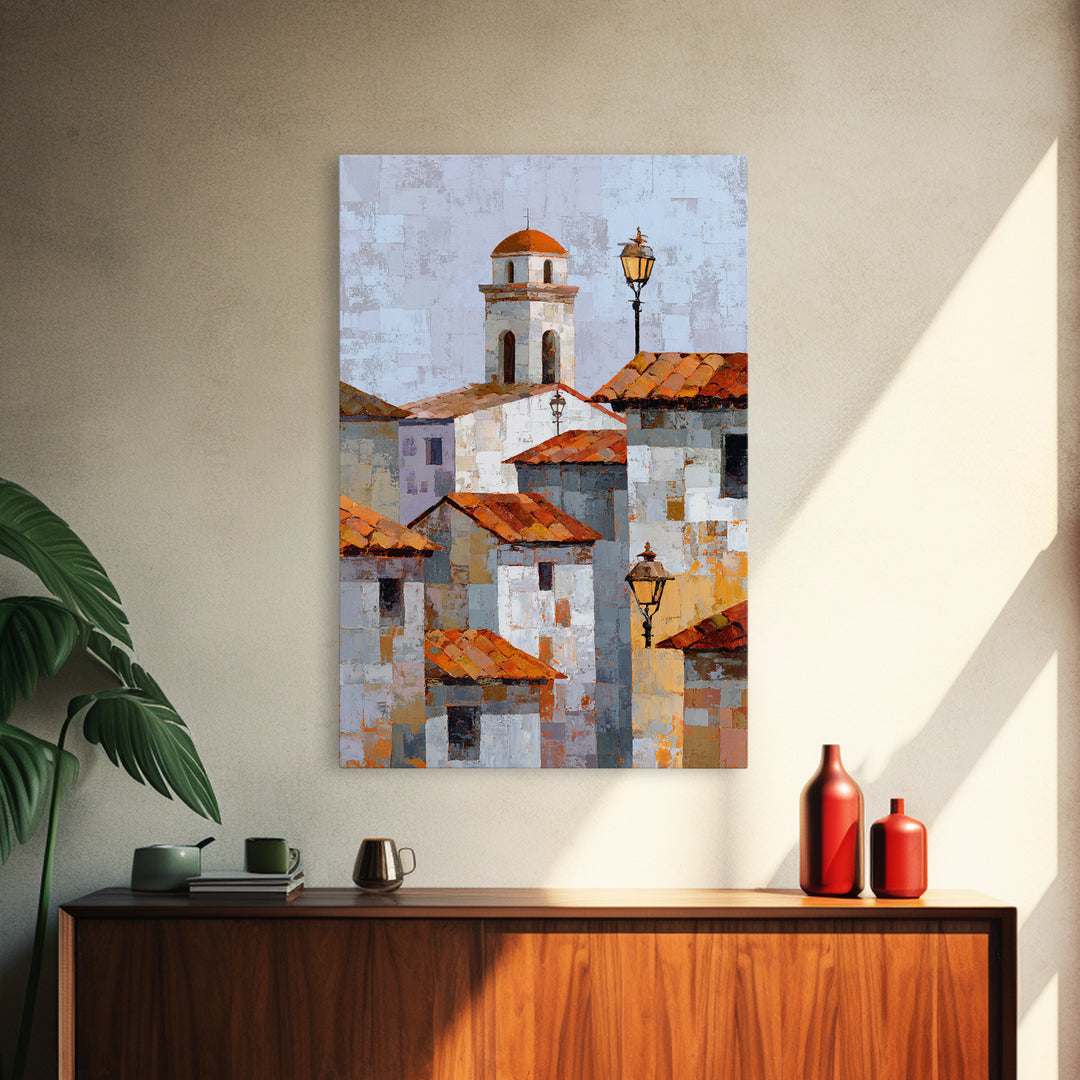 Terracotta Rooftops Against Pale Sky Framed Canvas Print, Italian Villa Art, Digital Art Print, Living Room Decor, Oil Painting, IVA-2x3-12