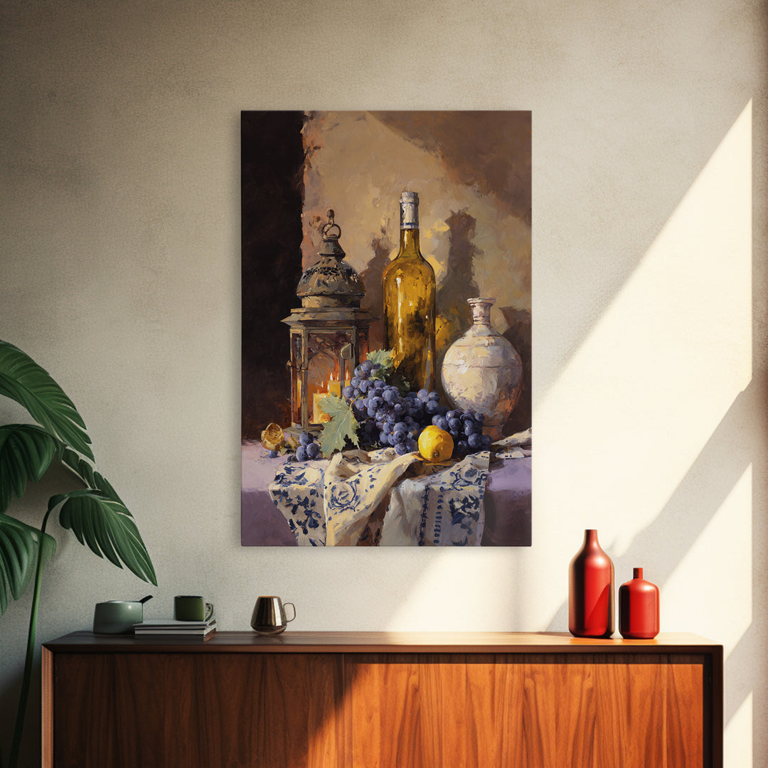 Grapevine and Wine Still Life on Linen Canvas Print, Italian Villa Art, Living Room Wall Art, Living Room Decor, Villa, IVA-2x3-15