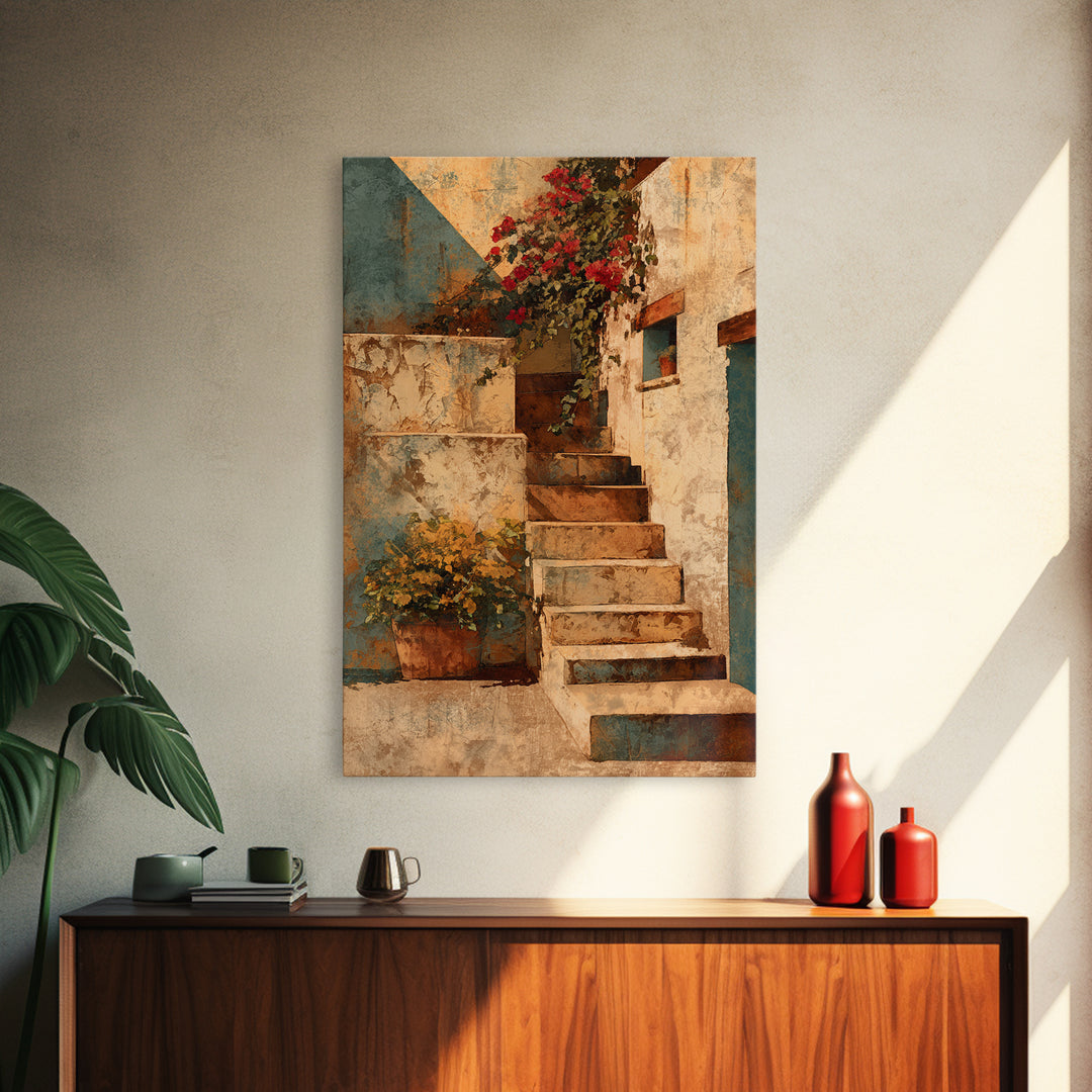 Sunlit Stone Stairway Framed Canvas Print, Italian Villa Art, Bedroom Wall Art, Living Room Decor, Villa, Travel Poster, IVA-2x3-19