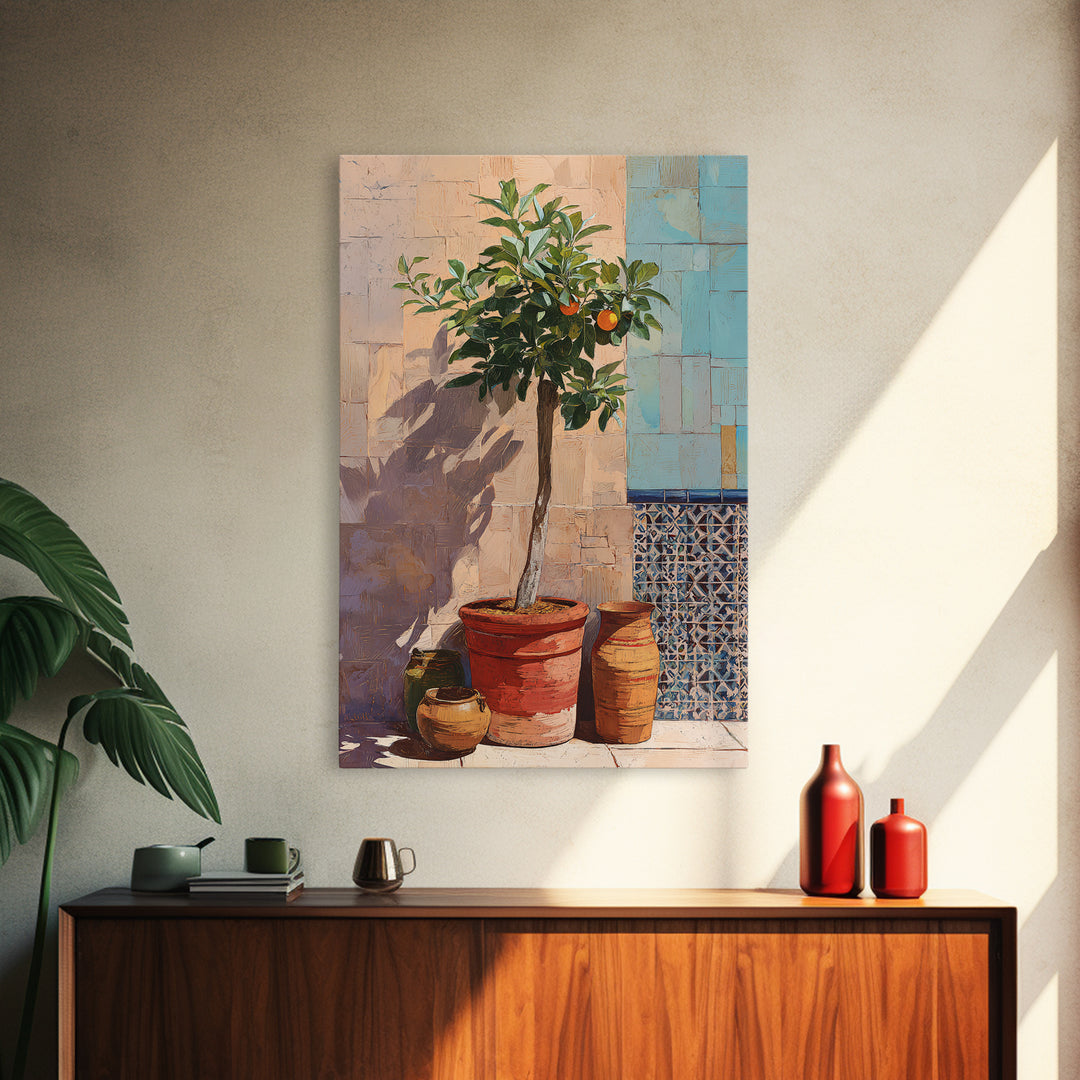 Orange Tree in a Courtyard Planter Framed Canvas Print, Italian Villa Art, Home Decor, Living Room Decor, Fine Art, Villa, IVA-2x3-22