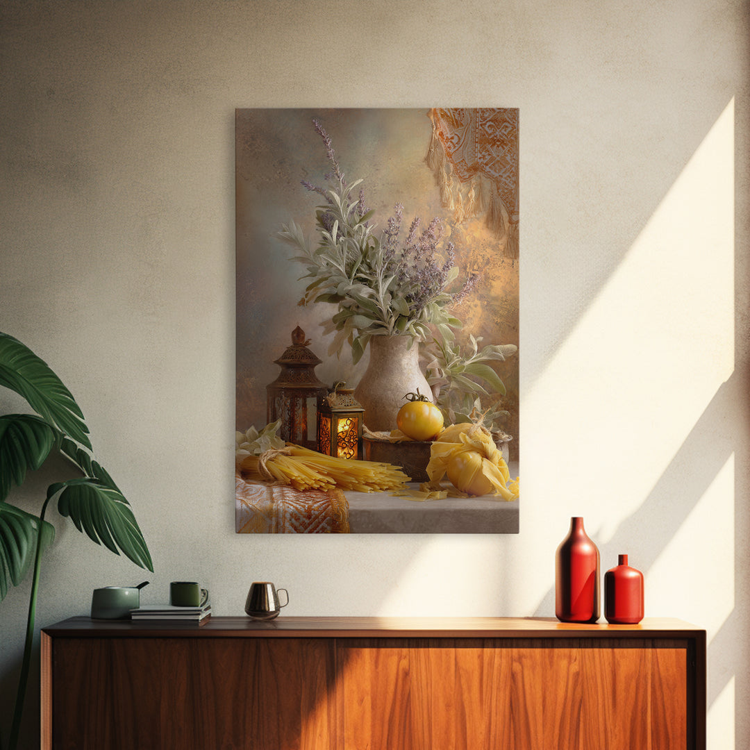 Pasta Herbs and Tomatoes Still Life Canvas Print, Italian Villa Art, Coastal Wall Art, Living Room Decor, Watercolor Art, Villa, IVA-2x3-27