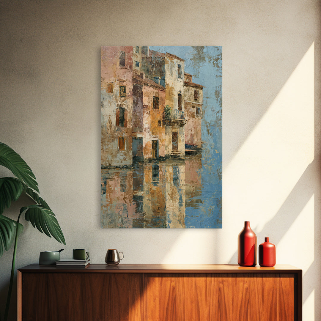 Venetian Canal Reflection Without City Crowd Canvas Print, Italian Villa Art, Textured Painting, Living Room Decor, Villa, IVA-2x3-28