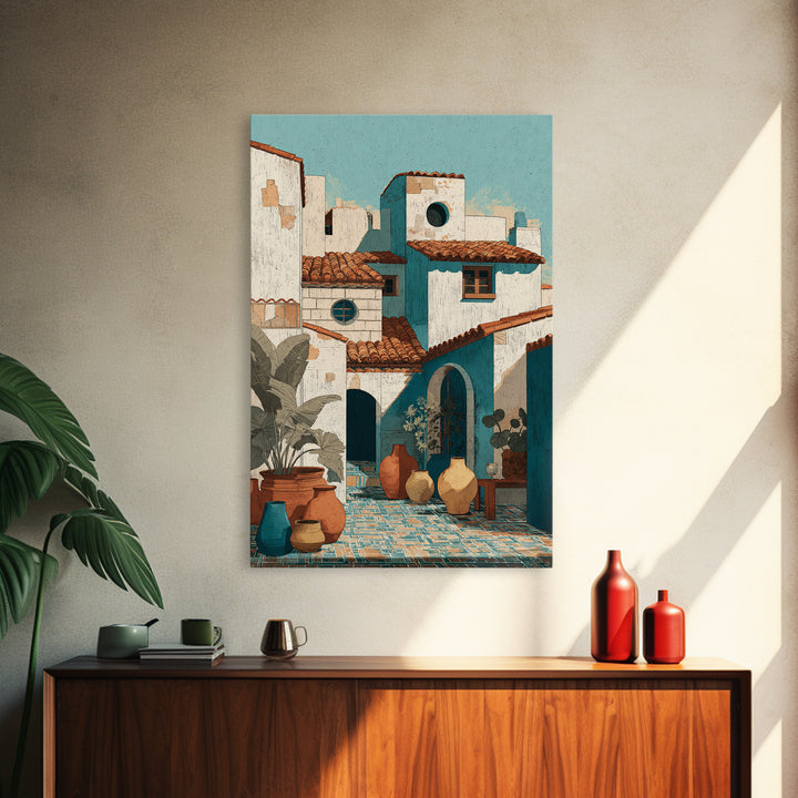 Terracotta Rooftops Against Pale Sky Framed Canvas Print, Italian Villa Art, Digital Wall Art, Living Room Decor, IVA-2x3-36