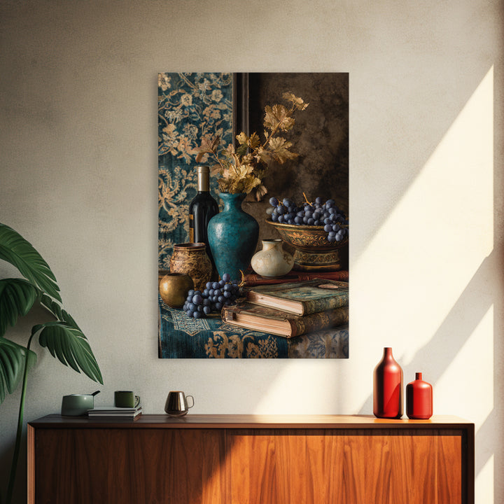 Grapevine and Wine Still Life on Linen Canvas Print, Italian Villa Art, Living Room Art, Living Room Decor, Abstract Art, Villa, IVA-2x3-39