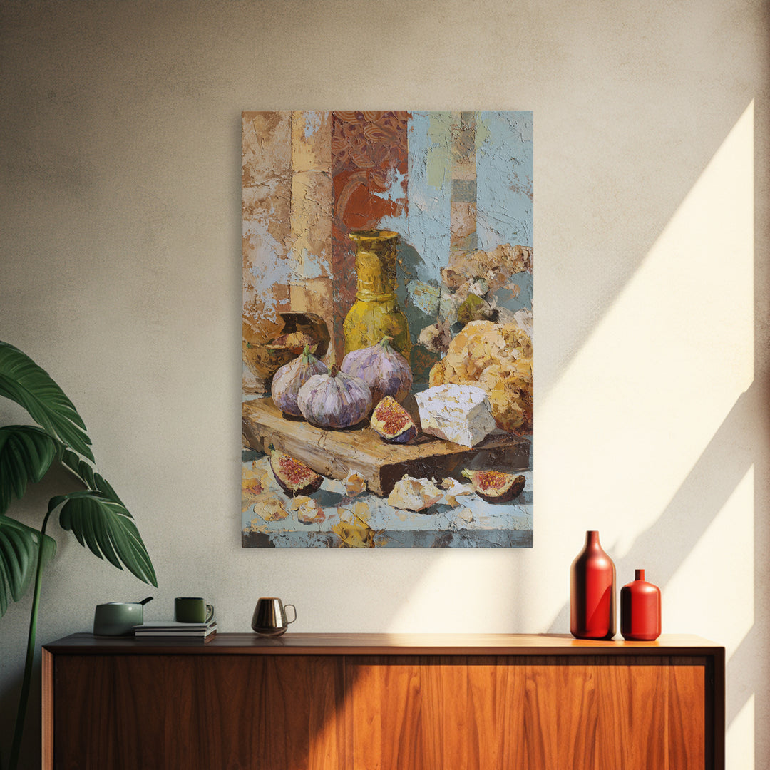 Figs and Cheese on Rustic Wooden Board Framed Canvas Print, Italian Villa Art, Modern Decor, Living Room Decor, Abstract Art, IVA-2x3-41