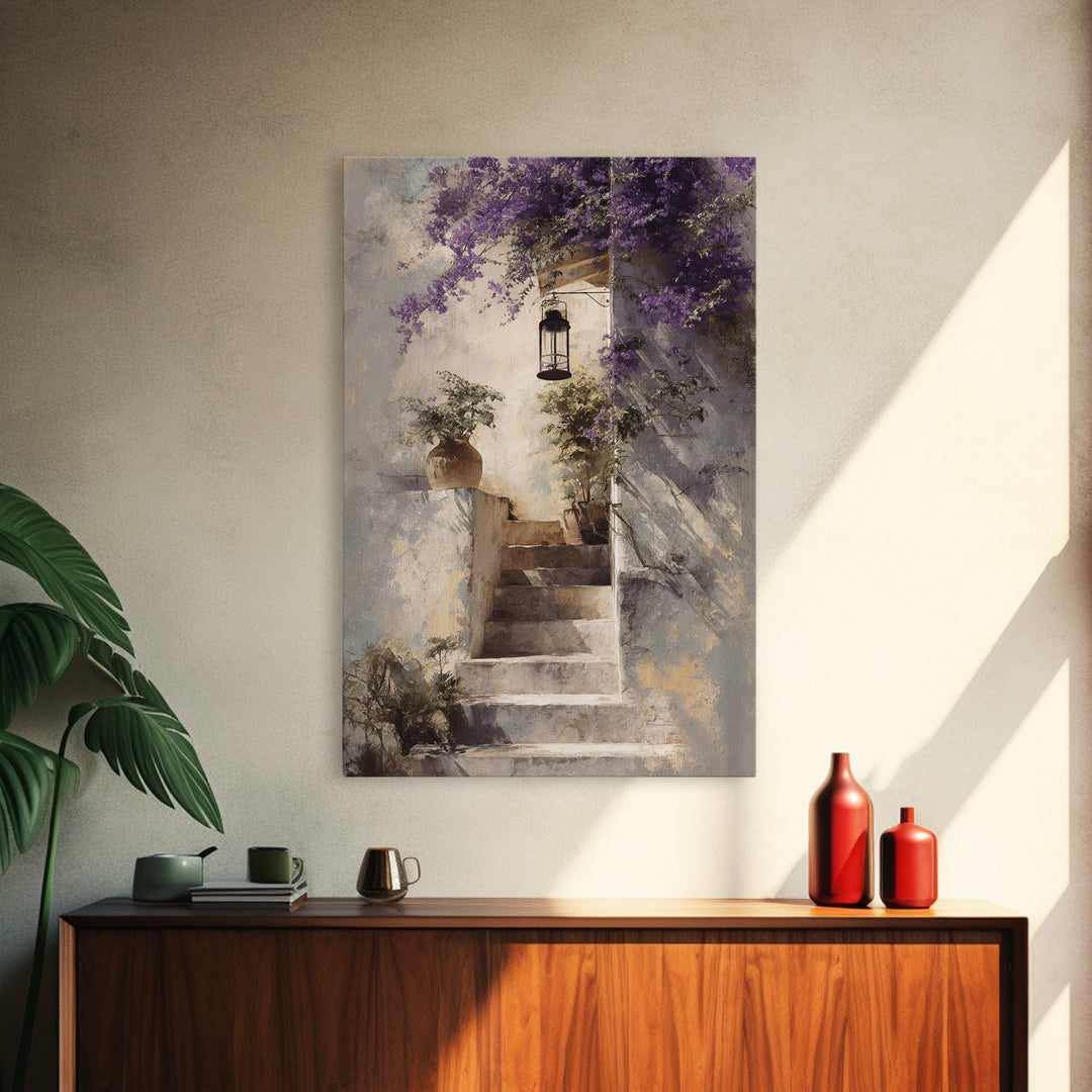Sunlit Stone Stairway Framed Canvas Print, Italian Villa Art, Gallery Wall Set, Living Room Decor, Villa, Modern Decor, IVA-2x3-43