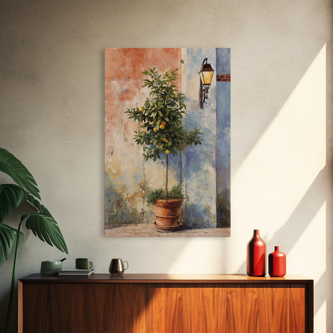 Orange Tree in a Courtyard Planter Framed Canvas Print, Italian Villa Art, Home Decor, Living Room Decor, Fine Art, Villa, IVA-2x3-46