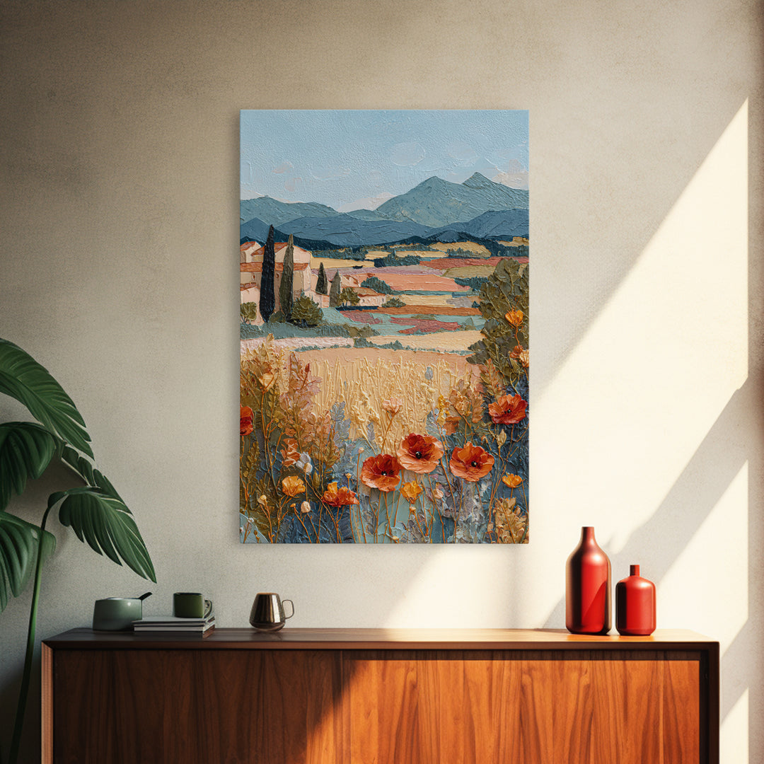 Tuscan Poppy Field Framed Canvas Print, Italian Villa Art, Travel Poster, Living Room Decor, Abstract Art, Villa, IVA-2x3-47