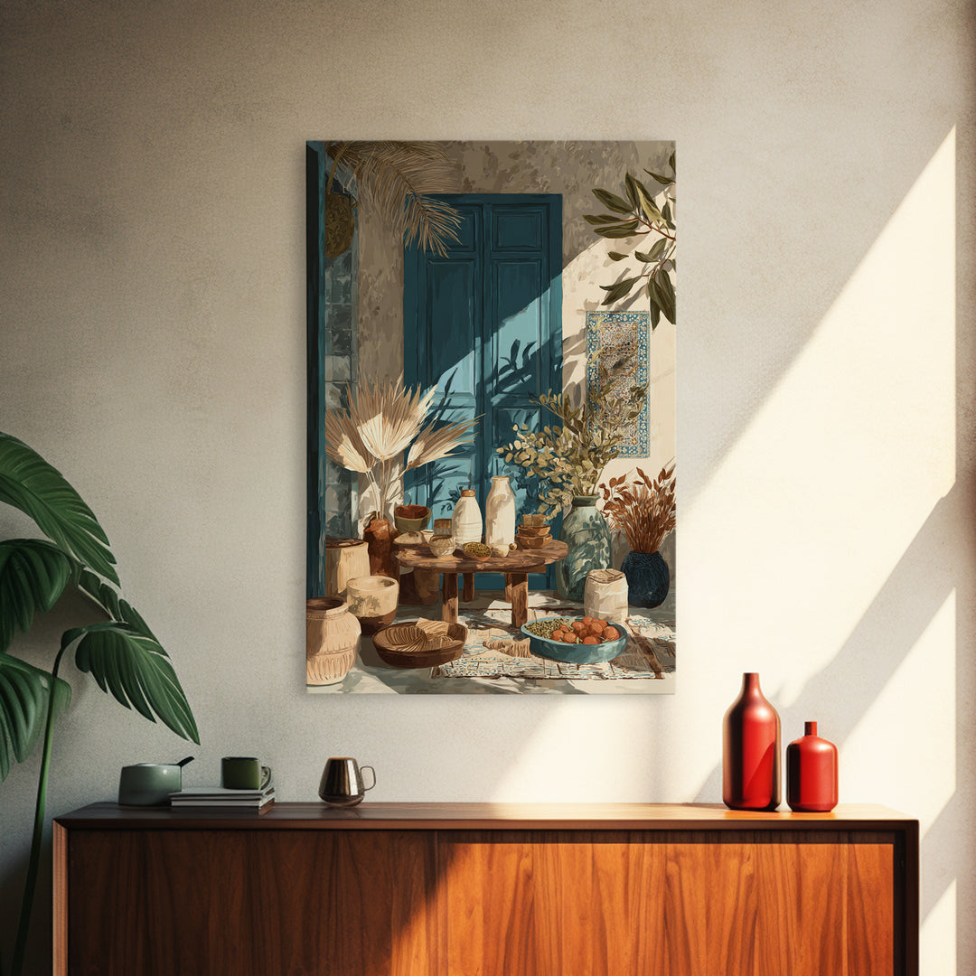 Pasta Herbs and Tomatoes Still Life Framed Canvas Print, Italian Villa Art, Colorful Wall Art, Living Room Decor, Oil Painting, IVA-2x3-51