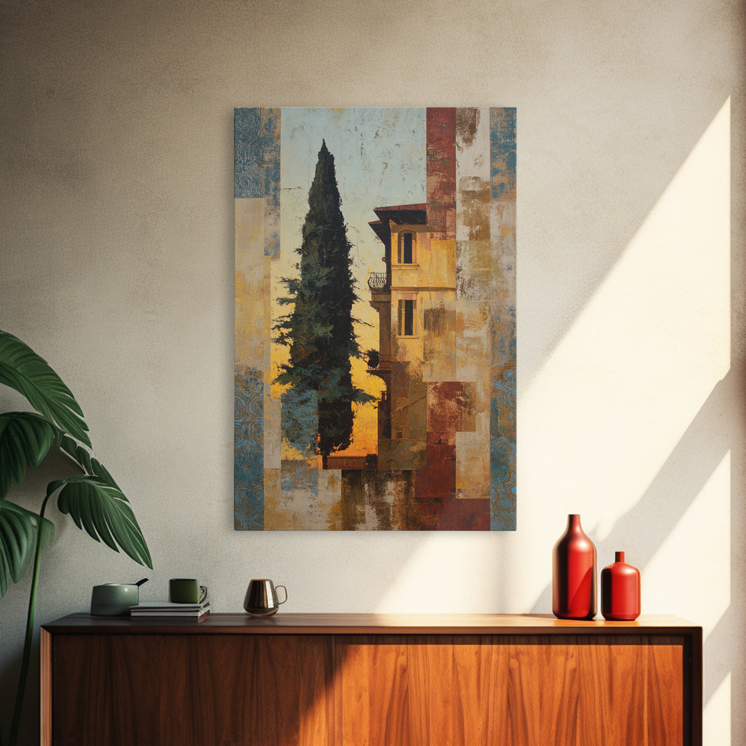 Cypress Silhouette at Sunset Framed Canvas Print, Italian Villa Art, Boho Decor, Living Room Decor, Oil Painting, Villa, IVA-2x3-53