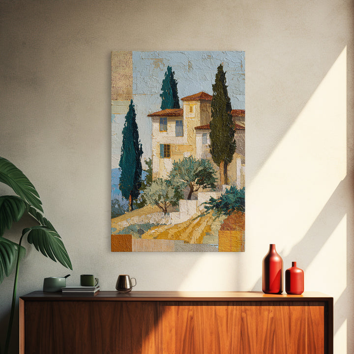 Tuscan Hillside with Cypress Trees and Golden Canvas Print, Italian Villa Art, Minimalist Decor, Living Room Decor, IVA-2x3-57