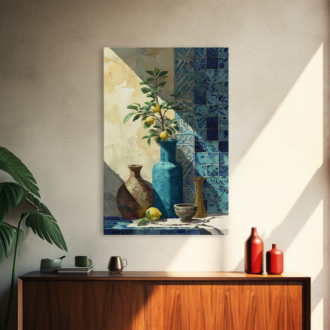 Lemon Branch in Blue Ceramic Vase Canvas Print, Italian Villa Art, Luxury Decor, Living Room Decor, Villa, Framed Wall Art, IVA-2x3-58