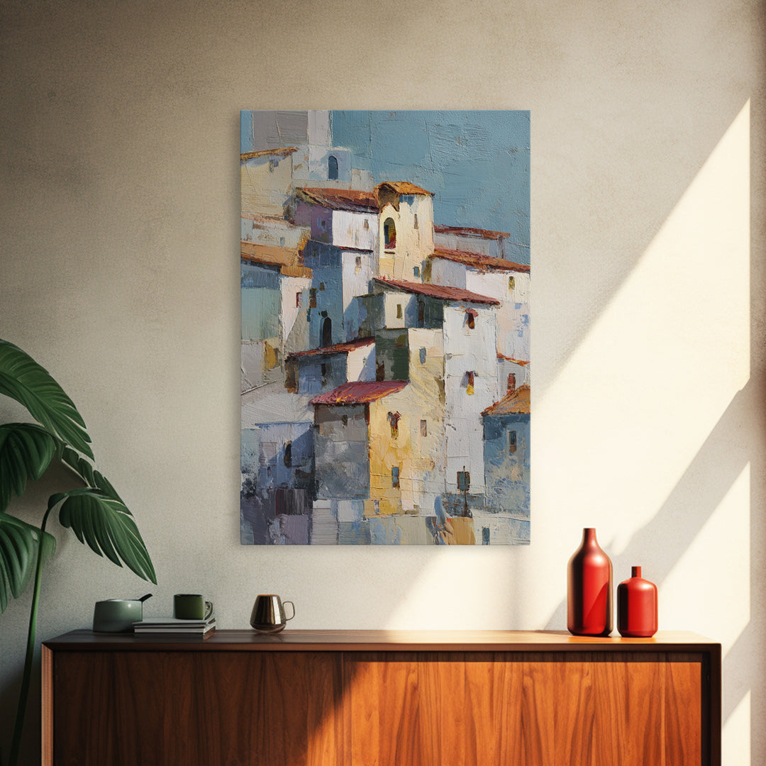 Terracotta Rooftops Against Pale Sky Framed Canvas Print, Italian Villa Art, Digital Art Print, Living Room Decor, Villa, IVA-2x3-60