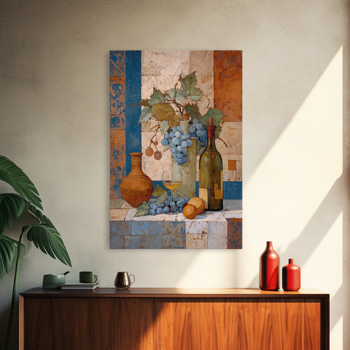 Grapevine and Wine Still Life on Linen Framed Canvas Print, Italian Villa Art, Digital Art Print, Living Room Decor, IVA-2x3-63