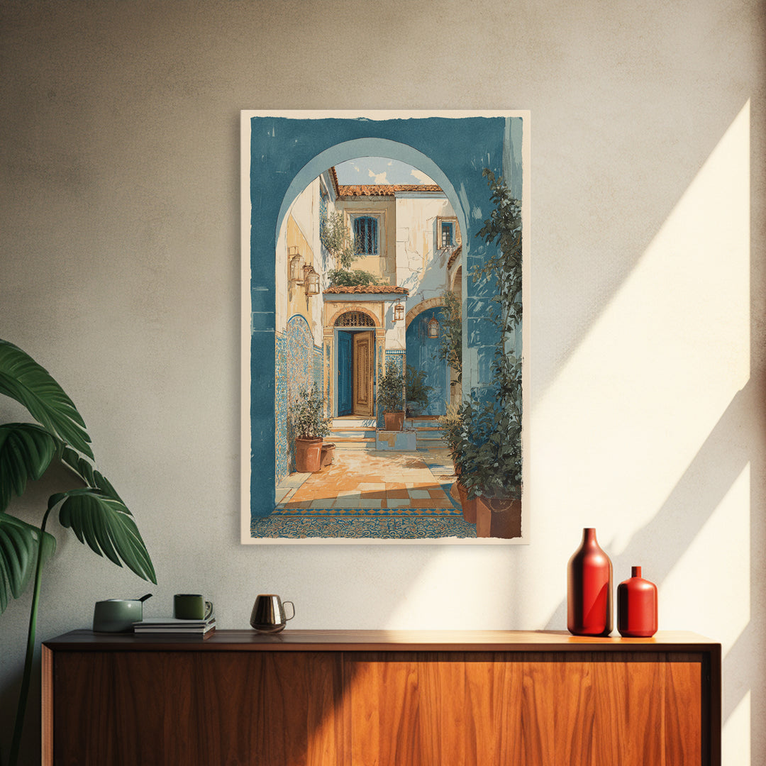 Mediterranean Arch Framing Blue Sea Framed Canvas Print, Italian Villa Art, Gallery Wall Set, Living Room Decor, Villa, IVA-2x3-64