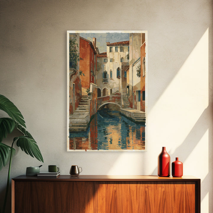 Venetian Canal Reflection Without City Crowd Canvas Print, Italian Villa Art, Textured Painting, Living Room Decor, Villa, IVA-2x3-76