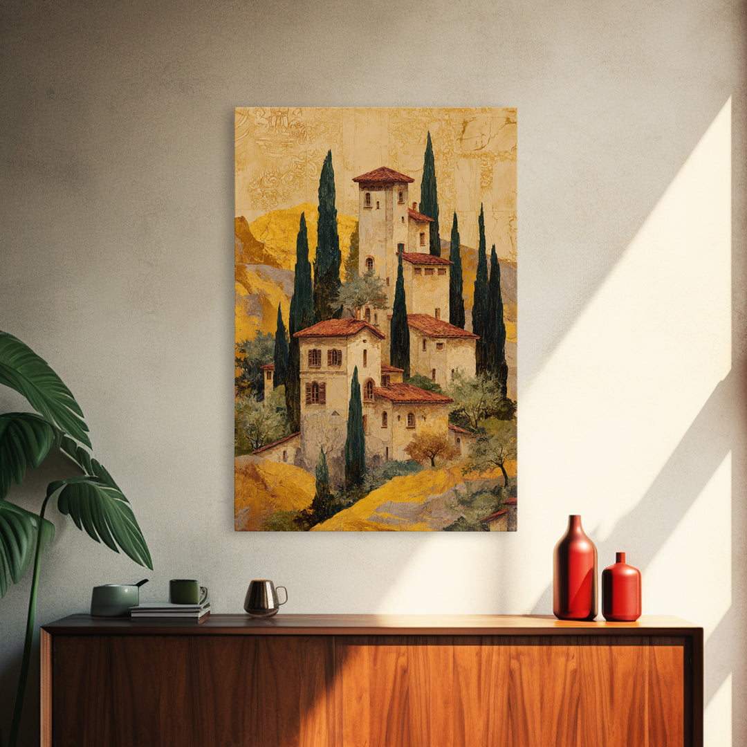 Tuscan Hillside with Cypress Trees and Golden Canvas Print, Italian Villa Art, Minimalist Decor, Living Room Decor, IVA-2x3-81