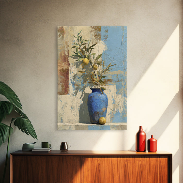 Lemon Branch in Blue Ceramic Vase Canvas Print, Italian Villa Art, Luxury Decor, Living Room Decor, Villa, Framed Wall Art, IVA-2x3-82