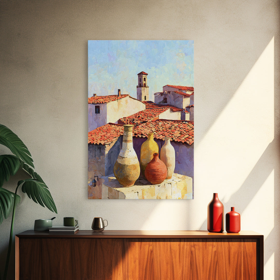 Terracotta Rooftops Against Pale Sky Framed Canvas Print, Italian Villa Art, Digital Wall Art, Living Room Decor, Villa, IVA-2x3-84