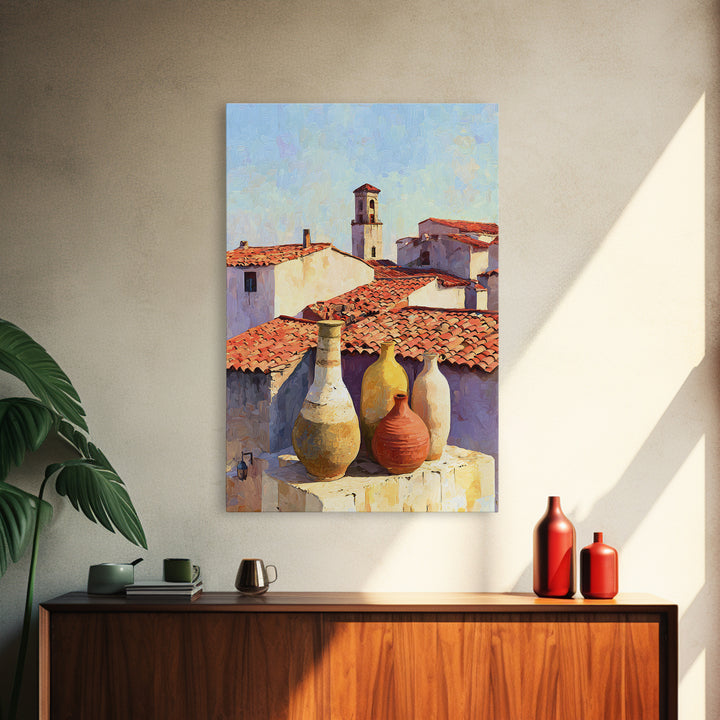 Terracotta Rooftops Against Pale Sky Framed Canvas Print, Italian Villa Art, Digital Wall Art, Living Room Decor, Villa, IVA-2x3-84