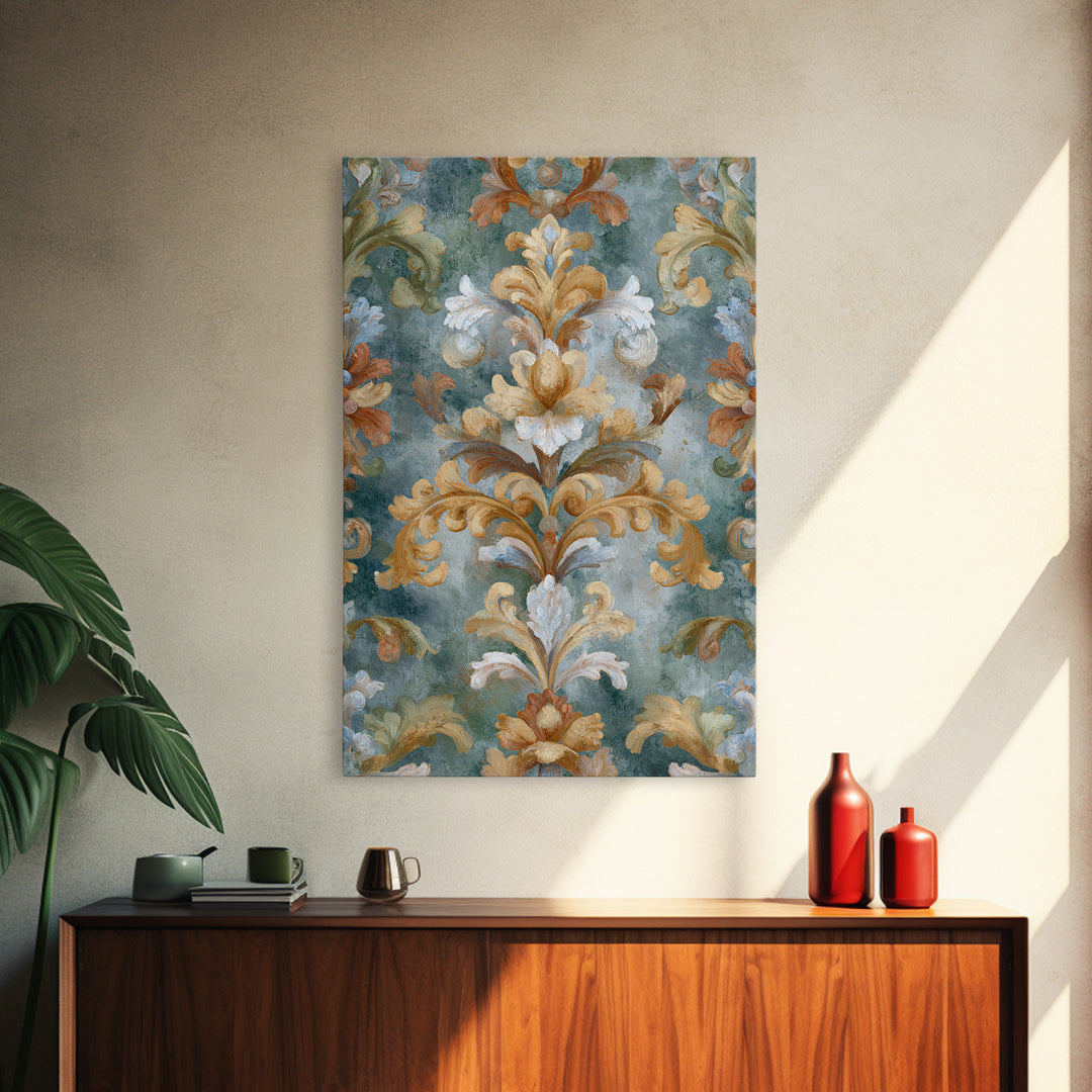 Florentine Floral Ornament Pattern Framed Canvas Print, Italian Villa Art, Room Decor, Living Room Decor, Oil Painting, Villa, IVA-2x3-90