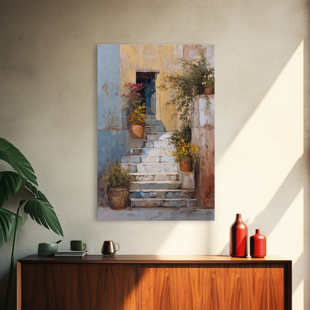 Sunlit Stone Stairway Canvas Print, Italian Villa Art, Luxury Decor, Living Room Decor, Fine Art, Villa, Framed Wall Art, IVA-2x3-91
