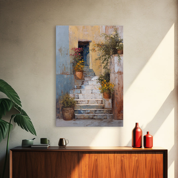 Sunlit Stone Stairway Canvas Print, Italian Villa Art, Luxury Decor, Living Room Decor, Fine Art, Villa, Framed Wall Art, IVA-2x3-91
