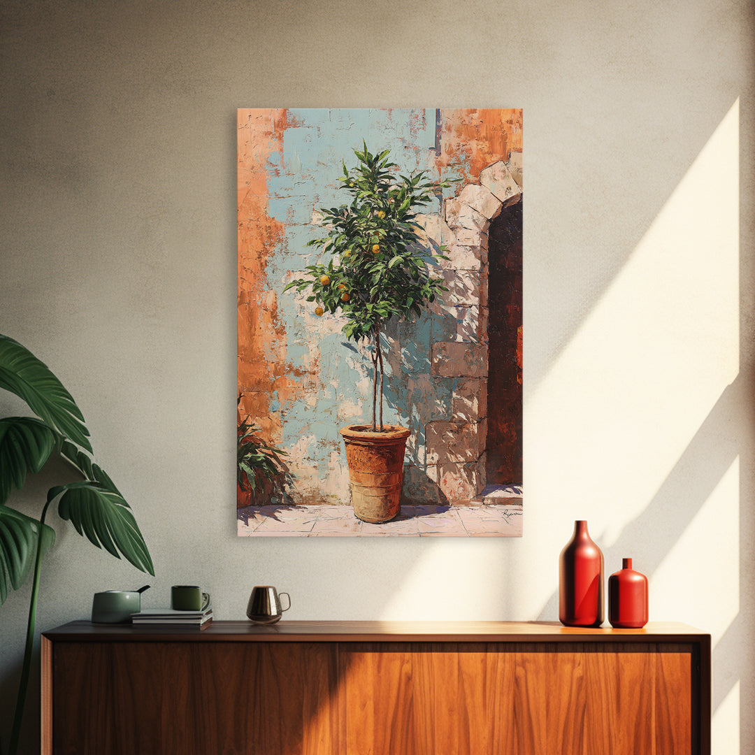 Orange Tree in a Courtyard Planter Framed Canvas Print, Italian Villa Art, Textured Painting, Living Room Decor, Villa, IVA-2x3-94