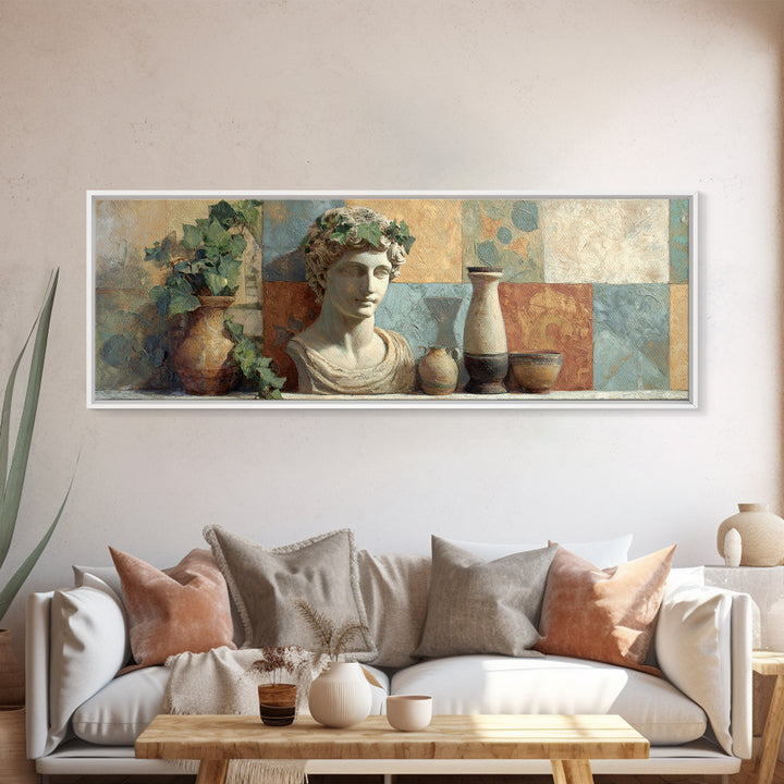 Classic Roman Statue Bust Canvas Print, Italian Villa Art, Landscape Art, Living Room Decor, Abstract Art, Villa, IVA-3x1-100