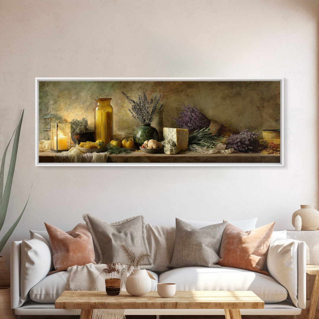 Pasta Herbs and Tomatoes Still Life Canvas Print, Italian Villa Art, Living Room Art, Living Room Decor, Watercolor Art, Villa, IVA-3x1-11
