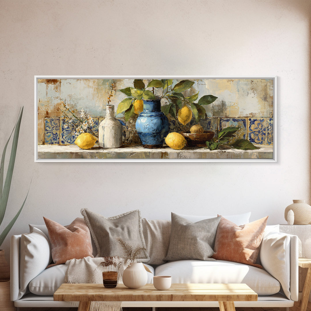 Lemon Branch in Blue Ceramic Vase Framed Canvas Print, Italian Villa Art, Living Room Decor, Watercolor Art, Villa, IVA-3x1-18