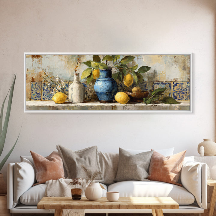 Lemon Branch in Blue Ceramic Vase Framed Canvas Print, Italian Villa Art, Living Room Decor, Watercolor Art, Villa, IVA-3x1-18