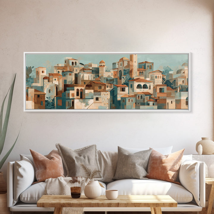 Terracotta Rooftops Against Pale Sky Canvas Print, Italian Villa Art, Neutral Wall Art, Living Room Decor, Fine Art, Villa, IVA-3x1-20