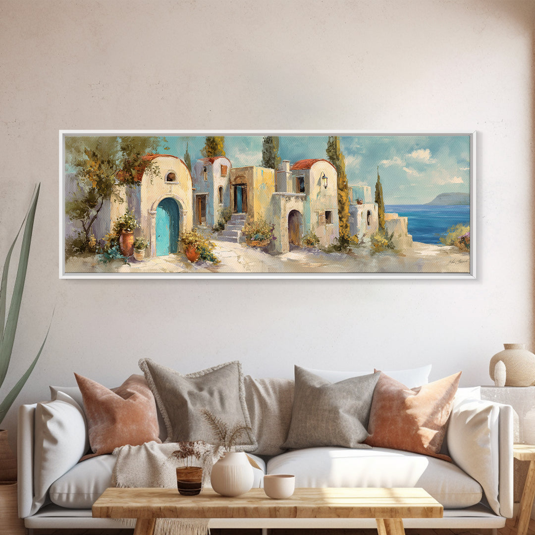 Mediterranean Arch Framing Blue Sea Canvas Print, Italian Villa Art, Rustic Home Decor, Living Room Decor, Fine Art, Villa, IVA-3x1-24