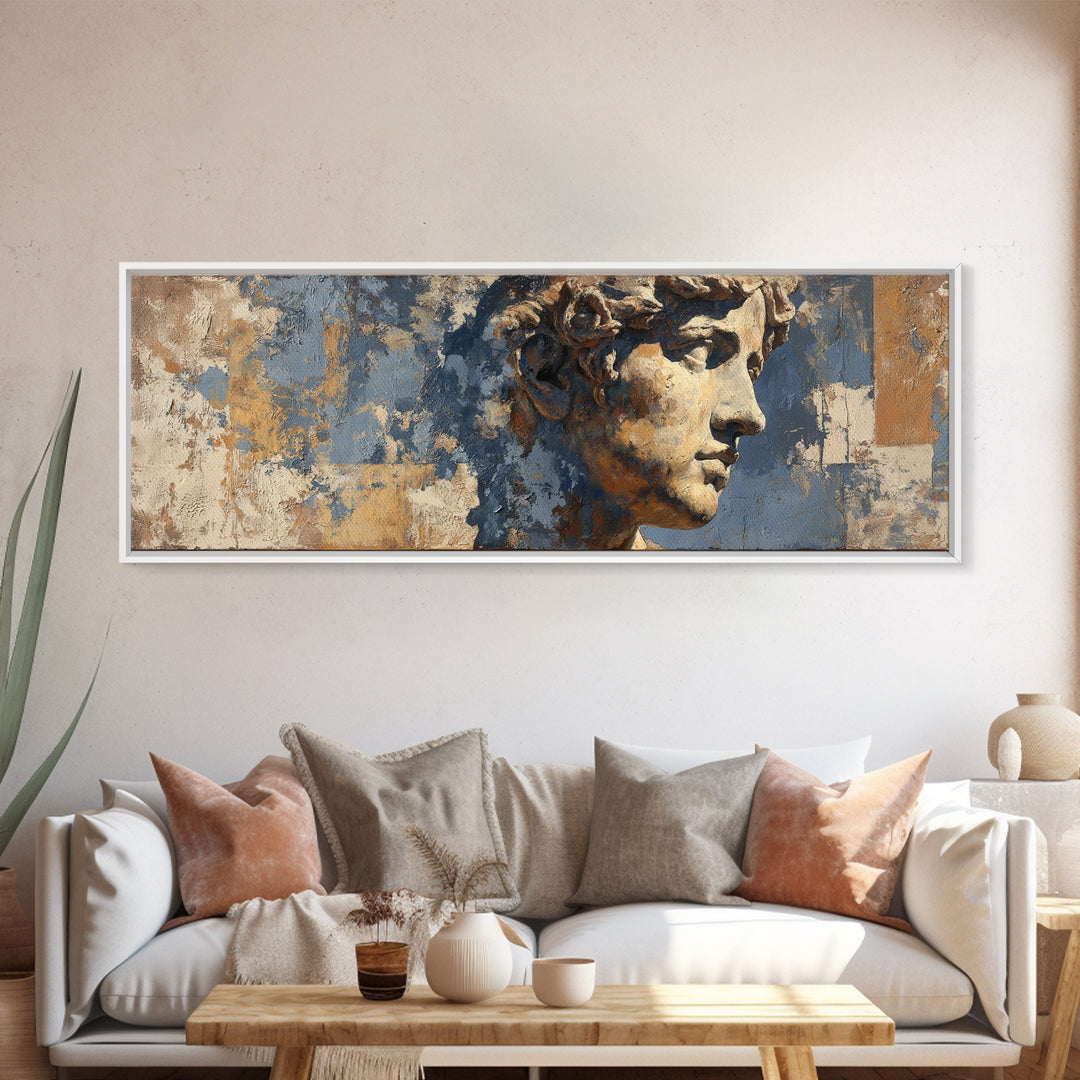 Classic Roman Statue Bust Framed Canvas Print, Italian Villa Art, Landscape Print, Living Room Decor, Oil Painting, Villa, IVA-3x1-28