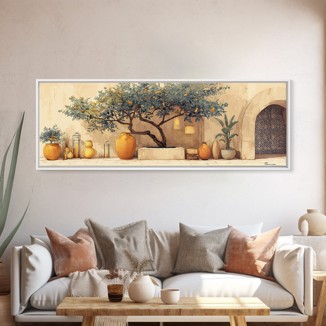 Orange Tree in a Courtyard Planter Canvas Print, Italian Villa Art, Statement Artwork, Living Room Decor, Fine Art, Villa, IVA-3x1-30