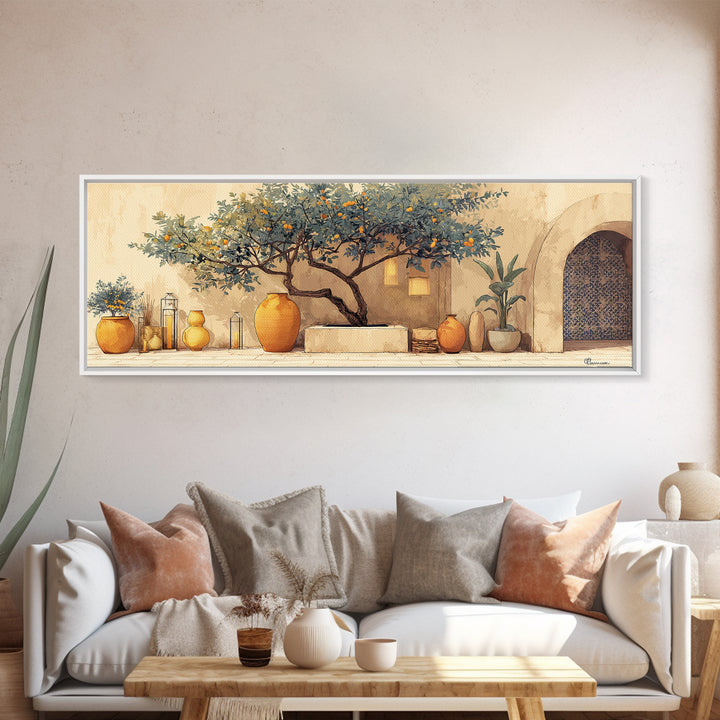 Orange Tree in a Courtyard Planter Canvas Print, Italian Villa Art, Statement Artwork, Living Room Decor, Fine Art, Villa, IVA-3x1-30
