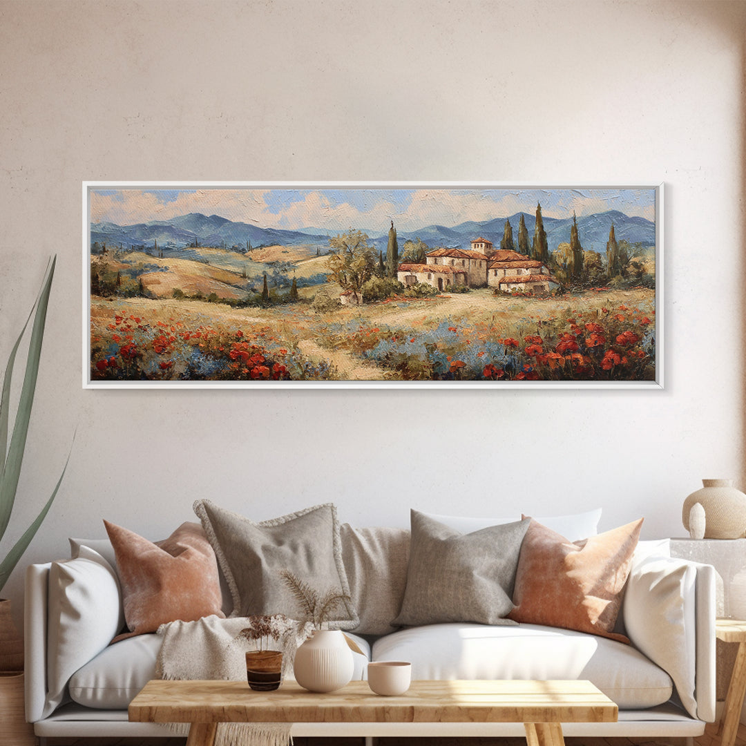 Tuscan Poppy Field Canvas Print, Italian Villa Art, Gallery Decor, Living Room Decor, Abstract Art, Villa, Minimalist Decor, IVA-3x1-31
