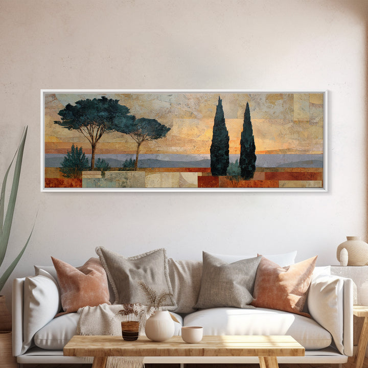Cypress Silhouette at Sunset Framed Canvas Print, Italian Villa Art, Oil Painting, Living Room Decor, Watercolor Art, Villa, IVA-3x1-37