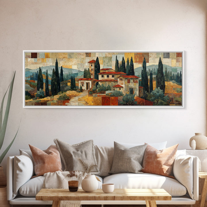 Tuscan Hillside with Cypress Trees and Golden Canvas Print, Italian Villa Art, Living Room Wall Art, Living Room Decor, Villa, IVA-3x1-41