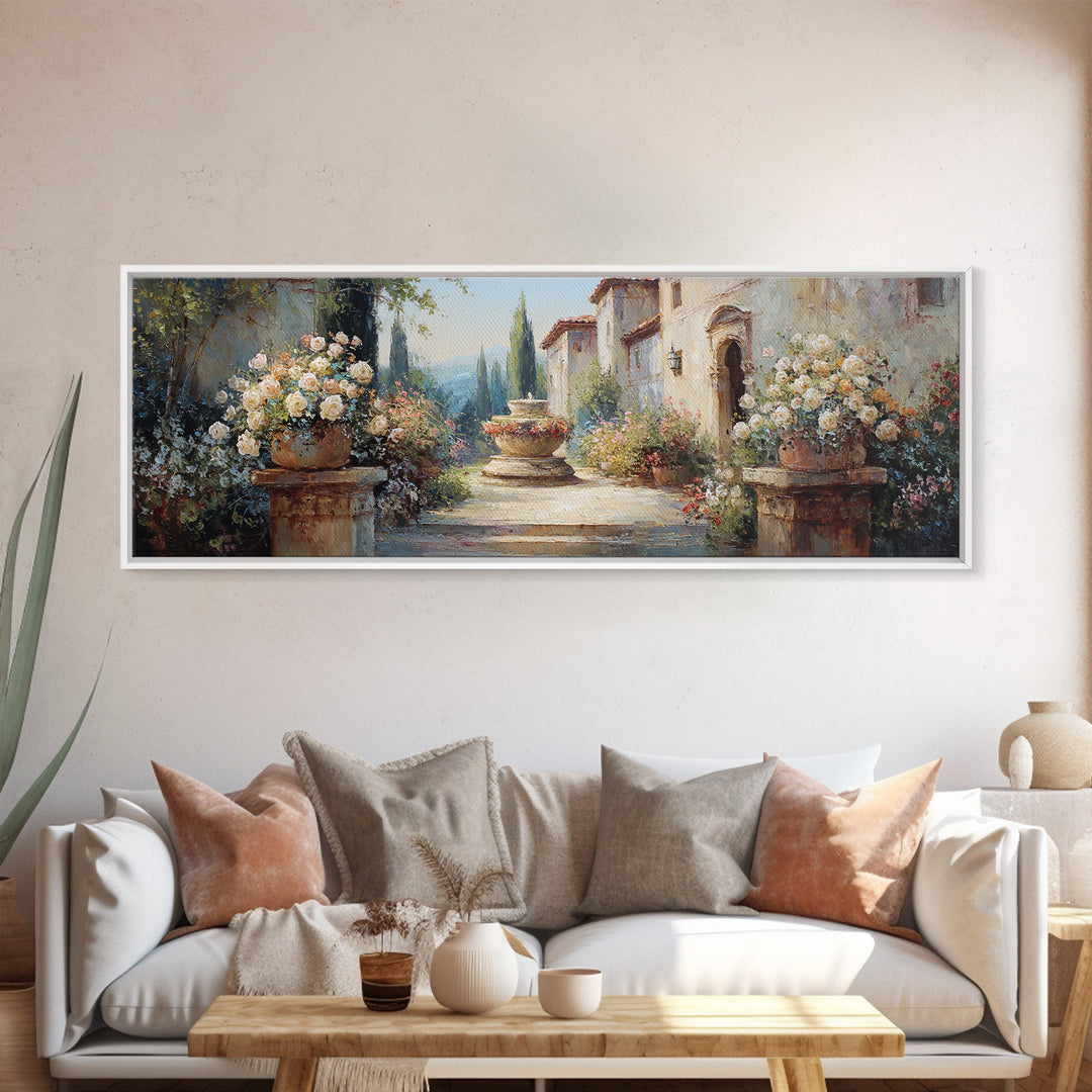 Italian Villa Garden Urn Canvas Print, Italian Villa Art, Framed Wall Art, Living Room Decor, Villa, Colorful Wall Art, IVA-3x1-46