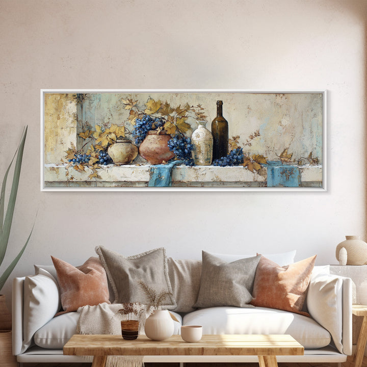Grapevine and Wine Still Life on Linen Framed Canvas Print, Italian Villa Art, Room Decor, Living Room Decor, Fine Art, Villa, IVA-3x1-47