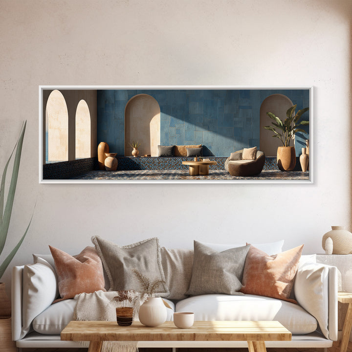 Mediterranean Arch Framing Blue Sea Canvas Print, Italian Villa Art, Statement Artwork, Living Room Decor, Fine Art, Villa, IVA-3x1-48